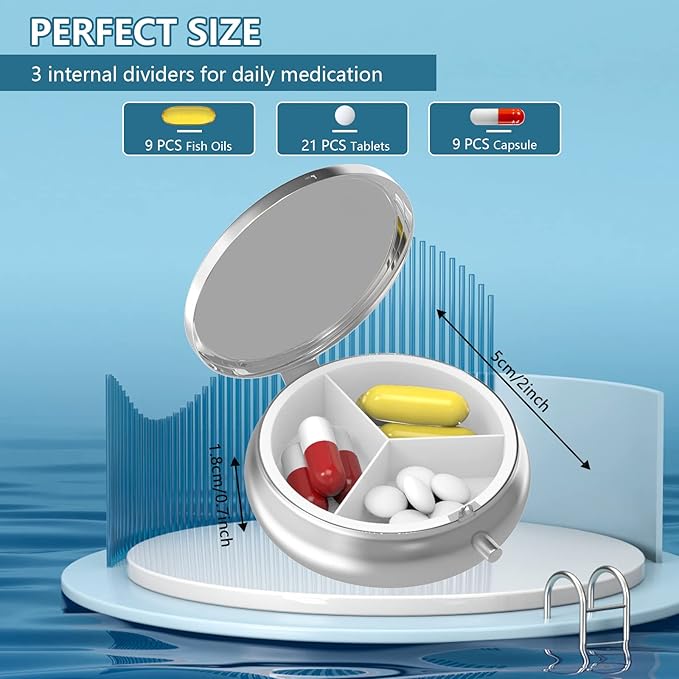 Pill Box 3 Compartment Medicine Pill Case,Portable for Pocket or Purse Pill Box Decorative Metal Medicine Vitamin Organizer Unique Gift(Floral Flower)