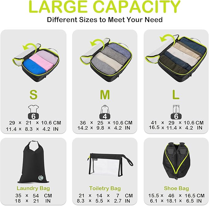 Cipway Compression Packing Cubes Mesh, Lightweight Luggage Organizer Bags with Laundry Bag, Toiletries Bag and Shoe Bag, Travel Essentials for Carry on Suitcase（8 Pcs,Black）
