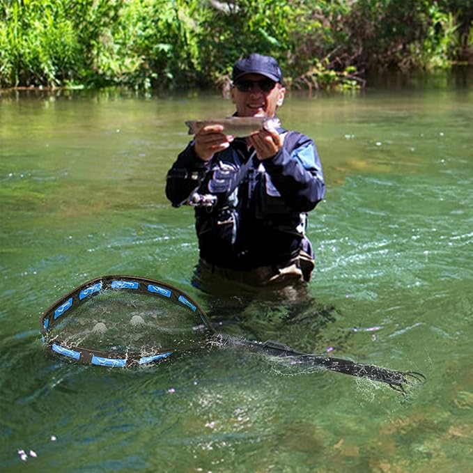 PLUSINNO Floating Fishing Net for Steelhead, Salmon, Fly, Kayak, Bass, Trout Fishing, Catfish, Rubber Coated Landing Net for Easy Catch & Release for Easy Transportation & Storage