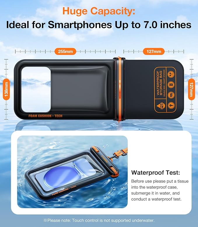 TORRAS IP68 Waterproof Phone Pouch Double Space, Floating Waterproof Phone Case with Lanyard for iPhone 16 Pro Max 15 14 13 S25 S24, Phone Dry Bag Vacation Cruise Ship Travel Essentials 7.0'', Black