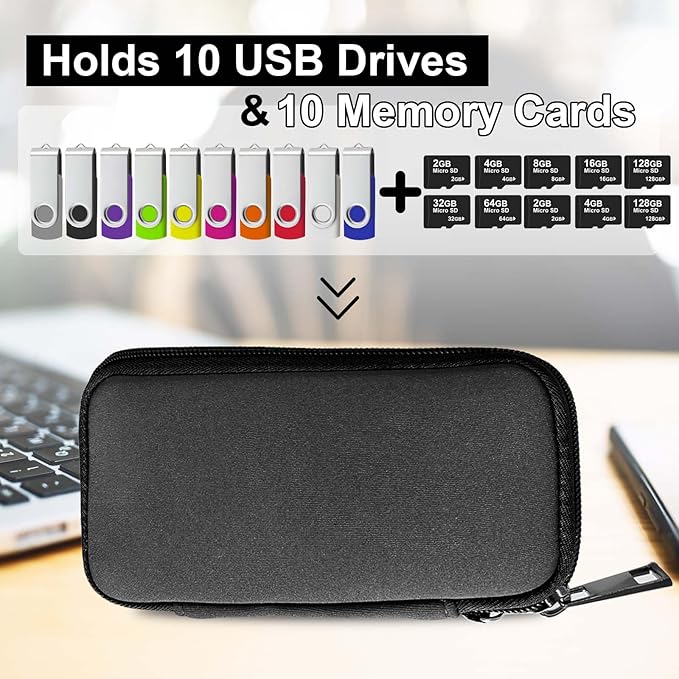 JBOS USB Flash Drive Case with 10 USB Drive Slots and 10 Memory Card Slots Storage Organizer Case Holder for Thumb Drives Jump Drives SD Cards with Zipper Bag Black