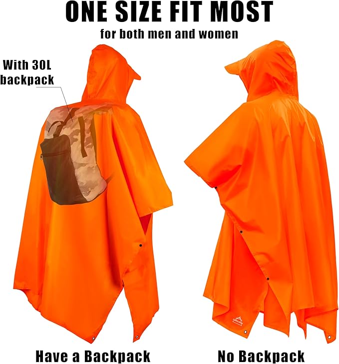 Coralrain Hooded Rain Poncho Lightweight Waterproof Unisex Raincoat Jacket with Pocket for Men Women Adult