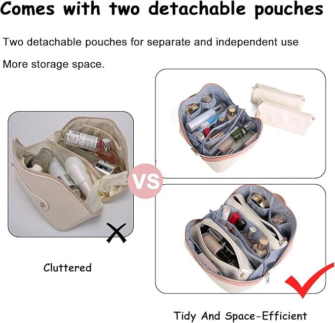 BOYATU Travel Makeup Bag Organizer Cosmetic Bag: 3 Pcs Set Make up Bags for Women with Handle - Waterproof Vegan Leather Toiletry Bags with Comparments (D-02-White)