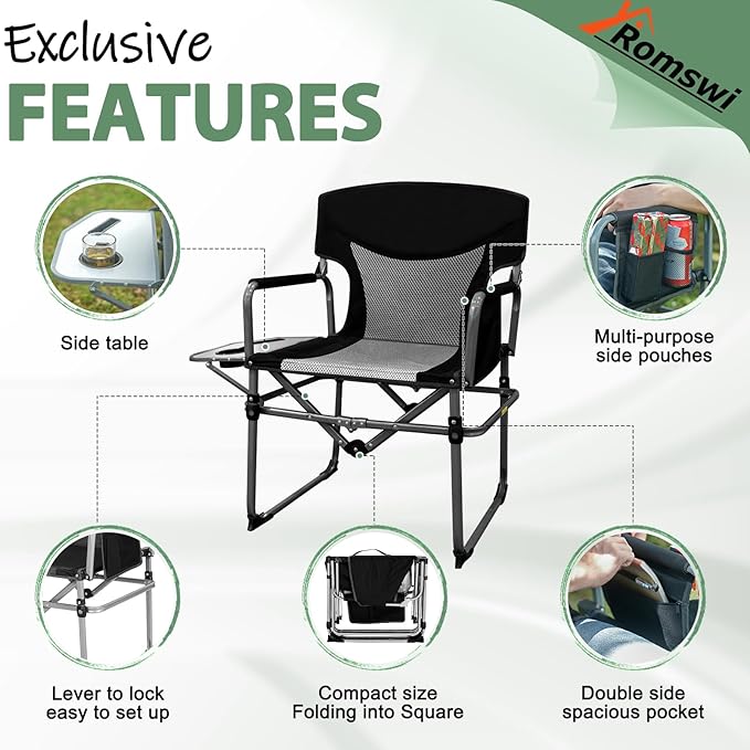 Romswi Director Chairs for Outdoor, Folding Camping Chair, Compact Directors Chair Side Table and Side Bag, Heavy Duty Oversize Seat for Beach Fishing Picnic Chairs, Holds up to 300 lbs Black 2 Pcs