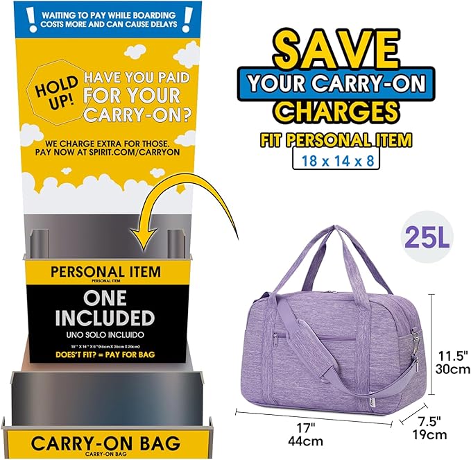 Narwey 18" Carry on Bag Underseat for Airplane with Wet Pocket Spirit Airlines Personal Item Bag Travel Duffel Bag Small Gym Bag Weekender Overnight for Women and Men (Purple)