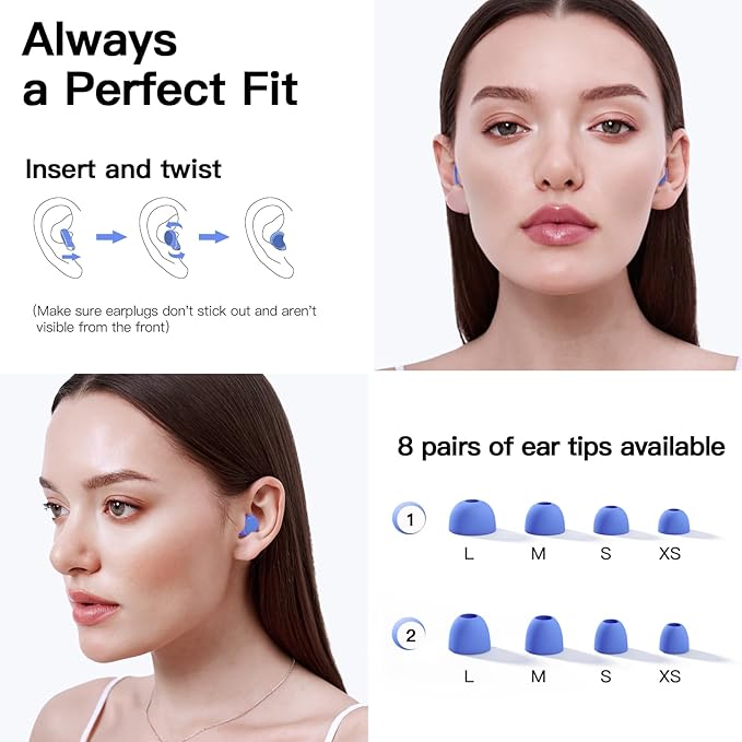 Ear Plugs for Sleeping 45dB Noise Cancelling System Ear Plugs for Concerts, Focus, Travel, Work Silicone Hearing Protection Earplugs with 8 Tips (XS-L) Reusable poweful Noise Reduction Ear Plug Blue