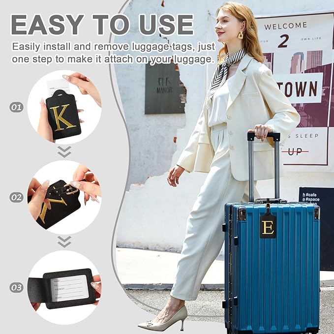 Personalized Initial Luggage Tags for Suitcase TSA Approved, Black Leather Cute Luggage Tag with Privacy Cover Name Card, Embroidered Custom Luggage Tags Travel Backpack Tags Gifts for Women Kids(E)