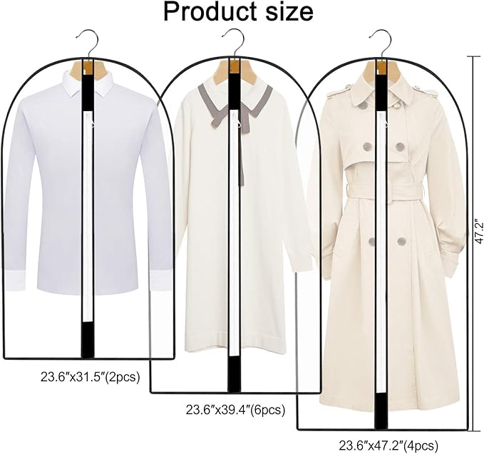 Pwsap 12 Pack Breathable Clothes Covers with Zip, Hanging Garment Covers Bags Dress Bag Covers Moth-Proof Mens Suit Storage Bag Dust Cover for Wardrobe Storage and Travel(Clear)