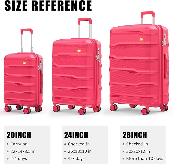 Luggage Sets 3 Piece, Hard Shell Luggage Sets with Spinner Wheels, PP Lightweight & Durable Suitcases with TSA Lock, Hardside Travel Suitcase Sets (20/24/28 inch), Red