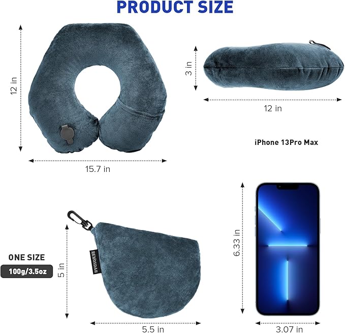 Rewondah Neck Pillows for Travel, Inflatable Travel Pillow, Inflatable Neck Pillow for Traveling Airplane with Soft Velour Washable Cover, U Shape Blow Up Neck Pillow for Airplanes Train Car Travel