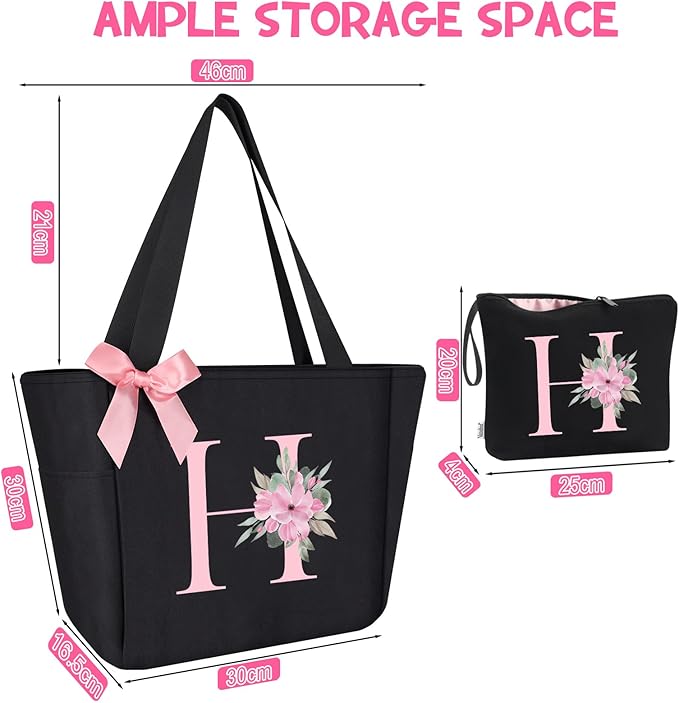 Vavabox Tote Bag, A-Z Initial Monogrammed Waterproof Tote Bag, Bridesmaid Gifts for Women, Black and Pink