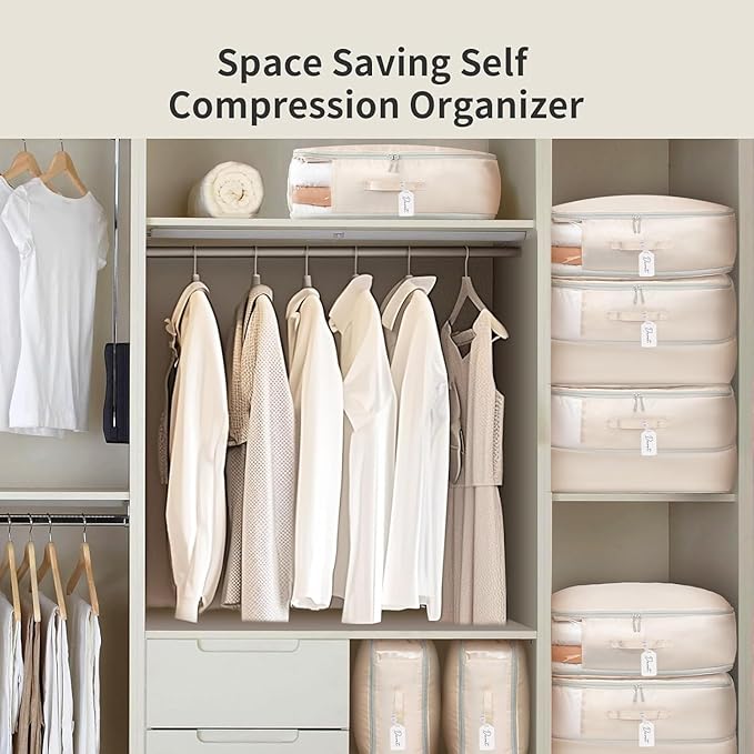 Comforter Storage Bag 66 L - 4 Pack Blanket Storage Organizer Compression Bags, Large Capacity Ultra Space Saving Self Organize for Bedding, Pillow, Duvet, Sheet Storage with Zipper Window