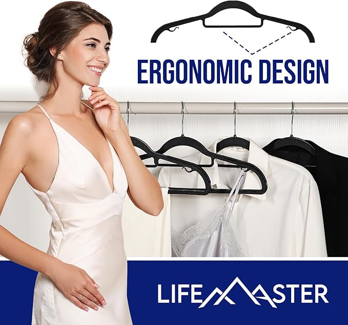 Lifemaster Versatile Clothes Hanger Set - 20 Pieces Space-Saving Dry and Wet Clothes Hanger Set with 360° Swivel Hook and Non-Slip Rubber Design - Black