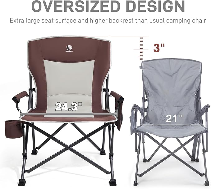 EVER ADVANCED Oversized Folding Camping Chair, for Adults Heavy Duty Lawn Chair with Side Pockets, Portable Collapsible Quad Chair for Outside, Support Up to 500lbs, Red 2Pack