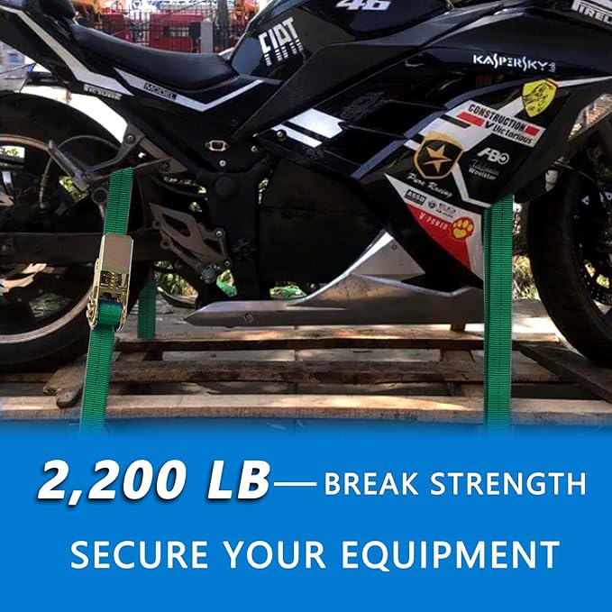 Ratchet Straps (4-Pack), 1 Inch x 16.4 Feet (2200lb Break Strength) with Sturdy Metal Hooks, 1x Work Gloves, Heavy Duty Tie Down Straps for Truck, Cargo Trailer, Motorcycle, Luggage, Moving (Green)