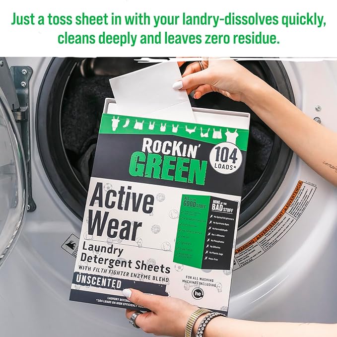 Rockin' Green Active Wear Travel Laundry Detergent Sheets Unscented - Mess-Free Laundry Sheets Detergent with Sodium Bicarbonate - Easily Dissolvable Laundry Soap for Traveling (104 Loads)
