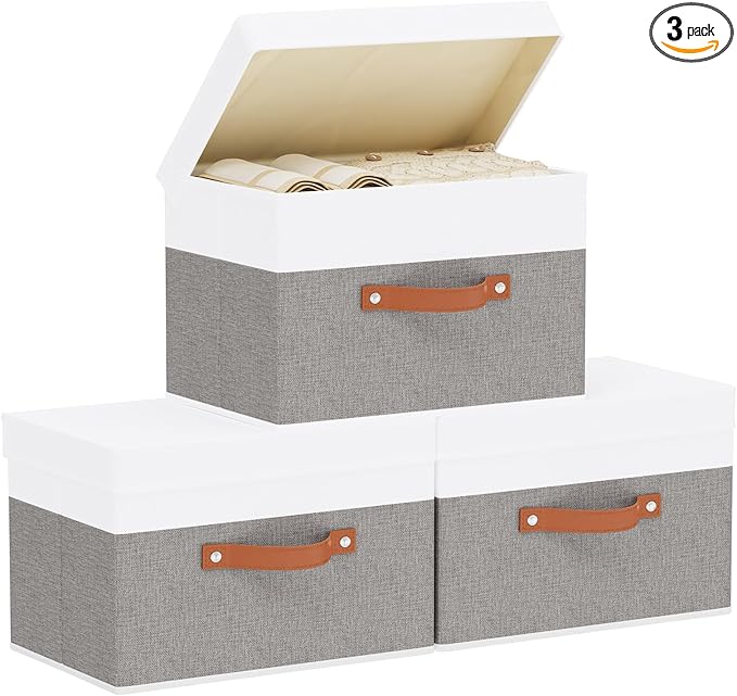 Fabric Storage Bins with Lids, 3 Pack Linen Foldable Cloth Baskets, 15 x 9.8 x 9.8 Inch Closet Organizer Containers with Double Handles, Sweater Boxes for Bedroom, White and Grey