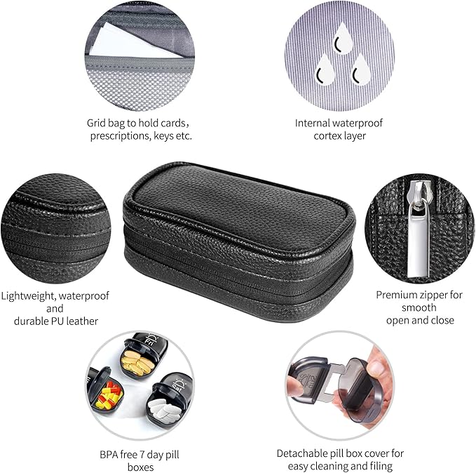 Serfeymi Weekly Travel Pill Organizer 2 Times A Day AM PM Upgraded Black Pill Box 7 Day with Portable Zipper PU Leather Pill Case, Medicine Organizer for Pills, Vitamins, Fish Oils - Black 01