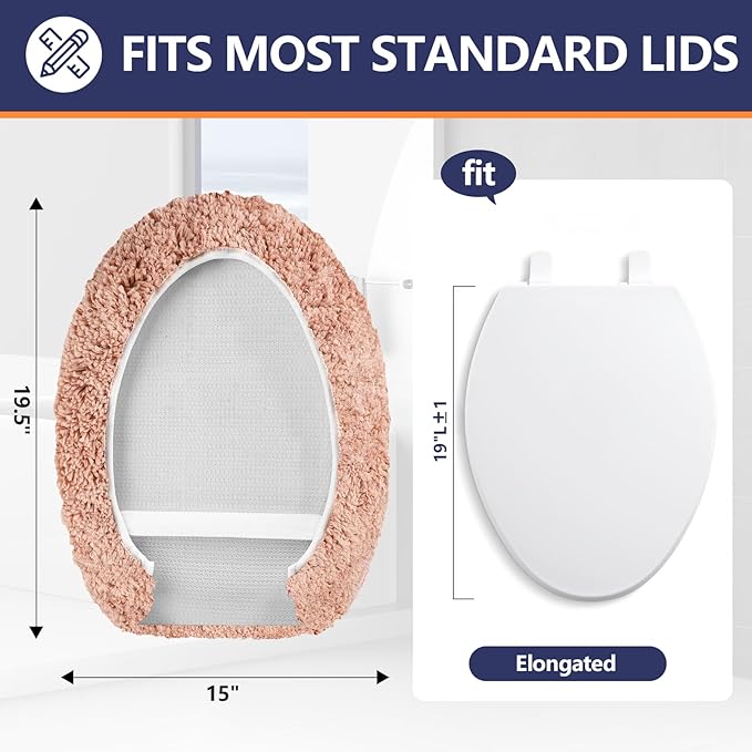 Microfiber Elongated Toilet Seat Cover 19.5"x 15" Machine Washable Solid Toilet Lid Cover Adjustable Rubber Backing Fits Most 18-19.5" L x 14-16" W Elongated Toilet Seat