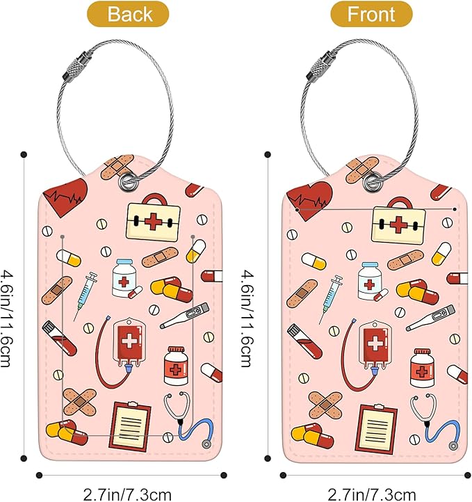 2Pack Luggage Tags for Suitcases, Cute Unique Pu Leather Cruise Luggage Tag with Privacy Cover ID Label Address Card and Metal Ring Suitable for Women Men Kids Travel Bag,Medical Instrument Pattern