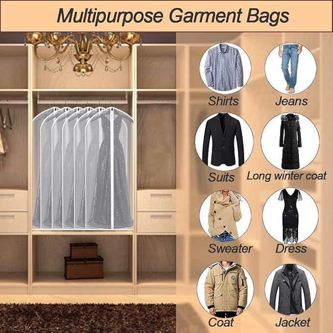 Garment Bags Covers 24''X60'' Dress Bags for Hanging Clothes (Pack of 6) with Study Full Zipper Coat Covers for Closet Clothes Storage Travel