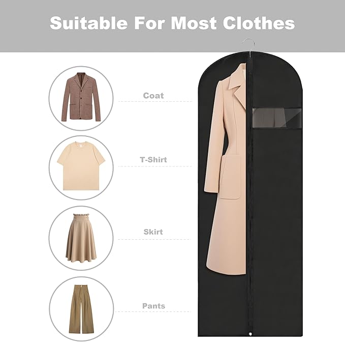 Dress Bags for Gowns Long, 65'' Garment Bags for Hanging Clothes, Suit Bag Cover for Storage and Travel, 2 Pack (Black)
