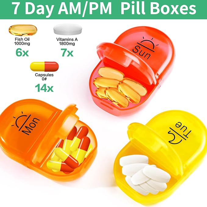 Serfeymi Weekly Travel Pill Organizer 2 Times A Day AM PM Upgraded Rainbow Pill Box 7 Day with Portable Zipper PU Leather Pill Case, Medicine Organizer for Pills, Vitamins, Fish Oils - Floral 03