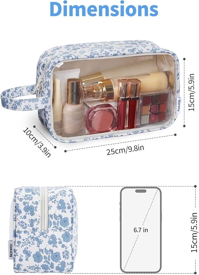Narwey Clear Toiletry Bags for Traveling Women Men, Clear Travel Bags for Toiletries Makeup Bag Cosmetic Bag with Zipper, Make Up Organizer, Skincare Bag (Little Blue Flower)