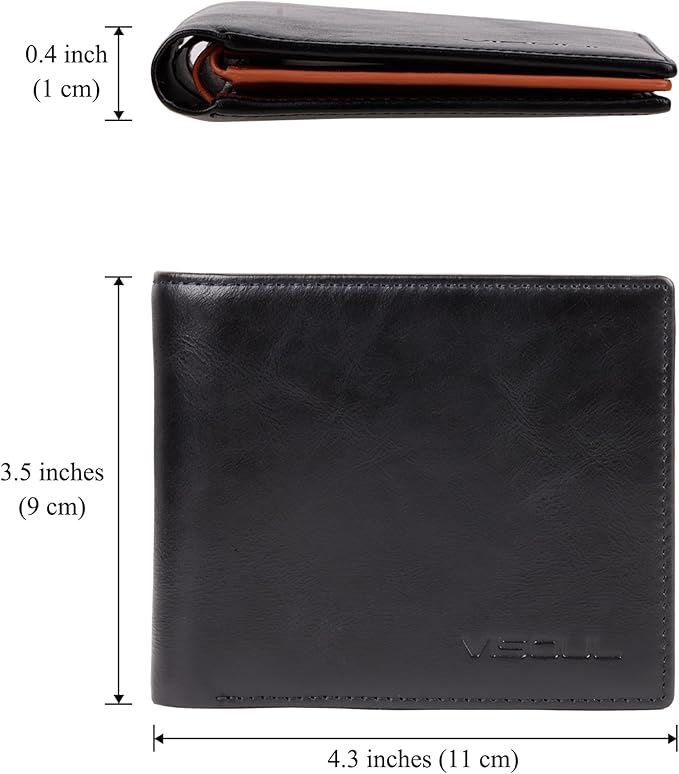 VISOUL Mens Bifold Wallet with 2 ID Windows and 2 Money Compartments, Genuine Leather Designer Wallet with RFID Blocking, Stylish Two-tone Back Wallet for Men (Black and Orange)