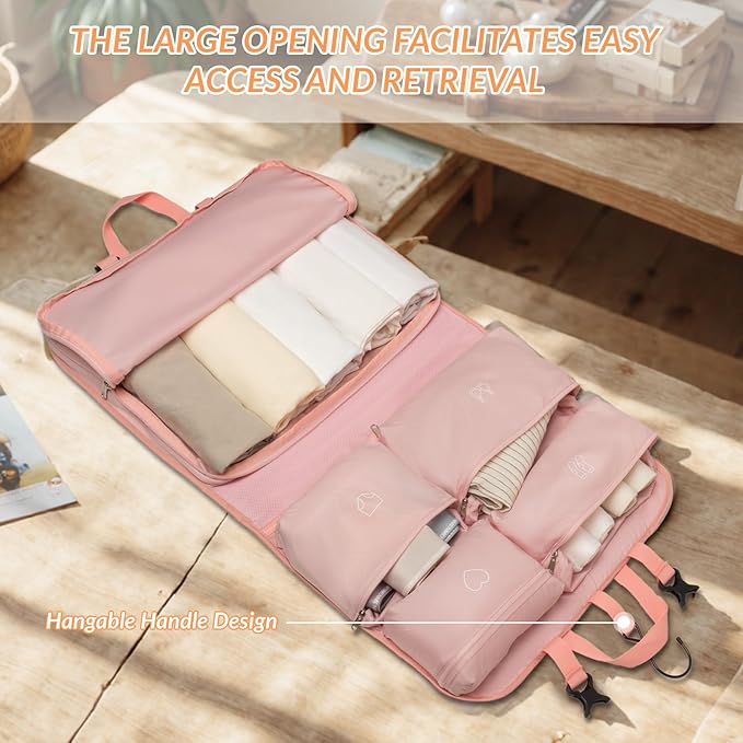 Hanging Packing Cubes,Garment Bags for Travel and Storage, Travel Apparel Bags for Men Women with 5 Solid Color Pockets, Storage Bags for Clothes, Socks,Underwear for Carry on Suitcase (Pink)