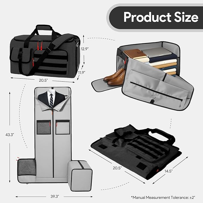 Garment Duffle Bags for Travel, HOMQUIET Convertible Garment Duffel Bag, All YKK Zippers Carry On Garment Bags, 2 in 1 Hanging Waterproof Suit Travel Bag with Shoe Compartment, for Men Women, Black