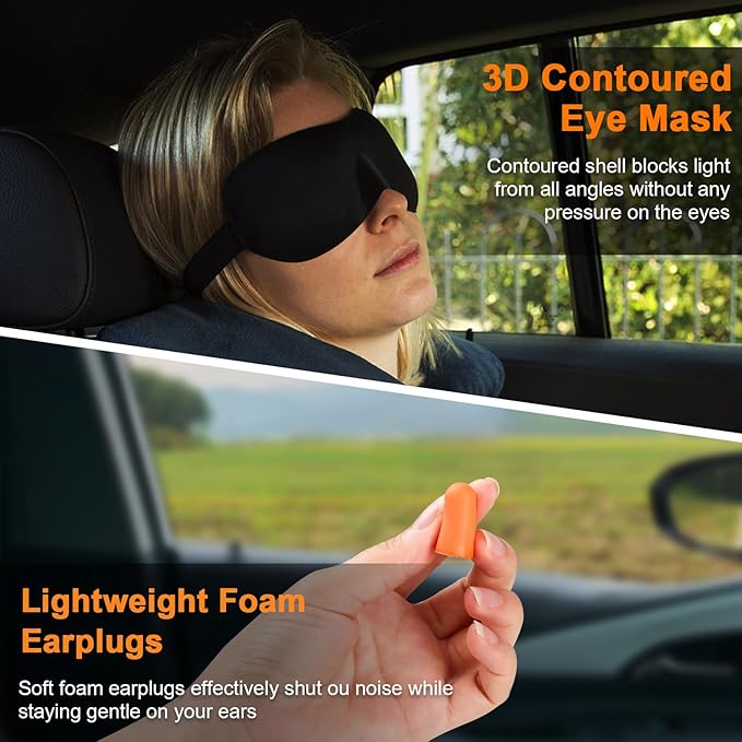 Travel Pillow - Hooded Neck Pillow Airplane Memory Foam Filling for Plane, Office, Cars Sleeping, Road Trip, Long Flights, Portable Plane Accessories, Includes Eye Mask & Earplugs (Light Gray)