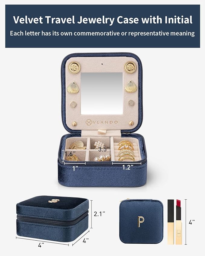 Vlando Jewelry Organizer Box, Small Jewelry Box for Women Girls, Initial P Travel Jewelry Case, Small Jewelry Organizer Case, Mini Travel Jewelry Box - Letter P, Dark Blue