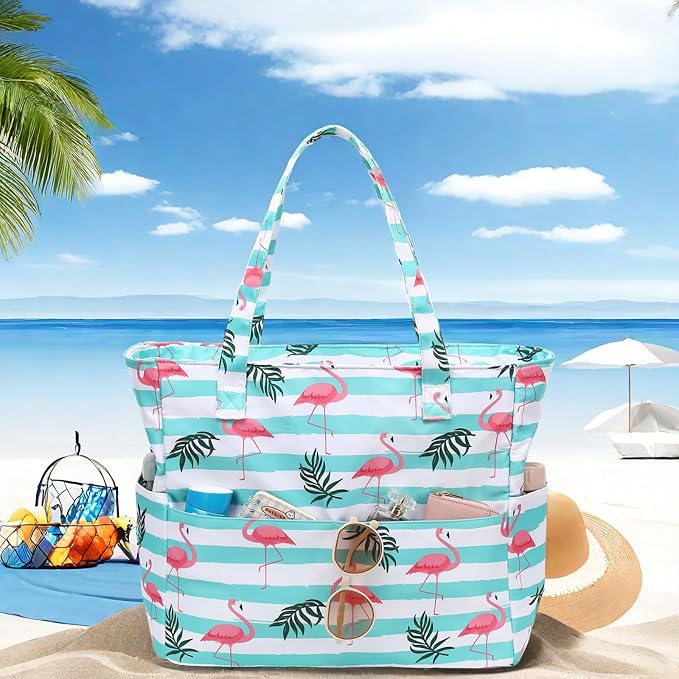 LEDAOU Beach Bag Waterproof Sandproof Women Tote Bag Pool Bag with Zipper for Gym Grocery Travel with Wet Pocket