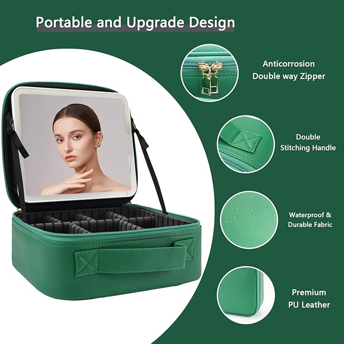 Makeup Bag with Led Mirror,Travel Makeup Organizer with 3 Color Setting, Portable Storage and Adjustable Dividers Travel Makeup Bag(Dark green)