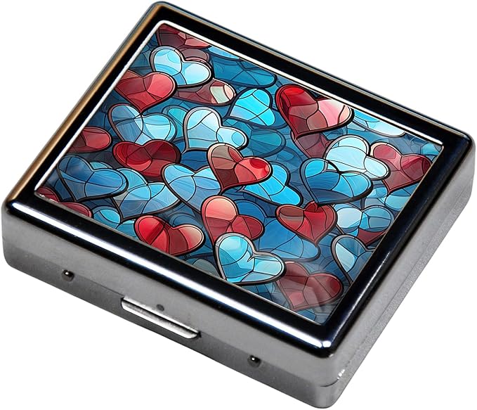 Silver Vintage Pill Box 7 Day Metal Pill Box with Mirror and 8 Compartments Cute Travel Pill Organizer for Purse (Colorful Heart)