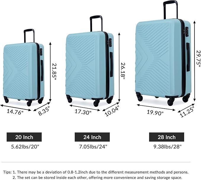 Campfun 3 Piece Luggage Sets, Hardshell ABS Luggage with TSA Lock, Carry On Suitcase Sets Lightweight Durable with 2 Hooks & Spinner Wheels, 20in/24in/28in - Green(C)