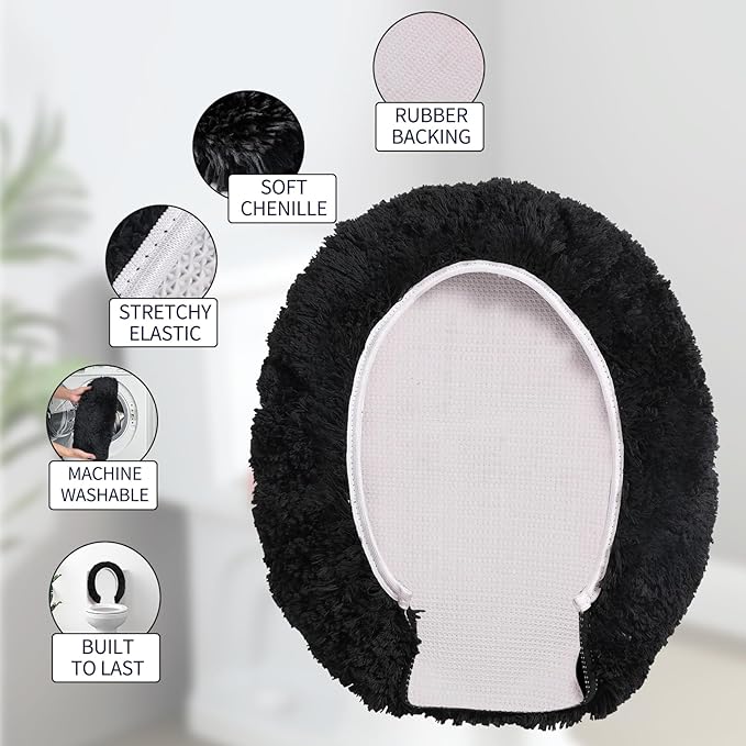 Microfiber Elongated Toilet Seat Cover 19.5"x 15" Machine Washable Solid Toilet Lid Cover Adjustable Rubber Backing Fits Most 18-19.5" L x 14-16" W Elongated Toilet Seat