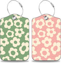 Vintage Groovy Flowers Set of 2 Luggage Tags for Suitcases Leather Suitcase Tags Identifiers with Privacy Name Address Label and Stainless Steel Loop for Women Men Travel Luggage Accessories