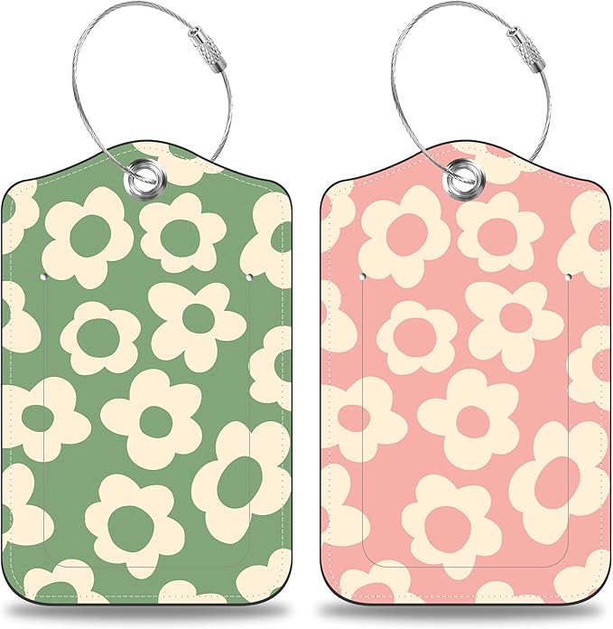 Vintage Groovy Flowers Set of 2 Luggage Tags for Suitcases Leather Suitcase Tags Identifiers with Privacy Name Address Label and Stainless Steel Loop for Women Men Travel Luggage Accessories