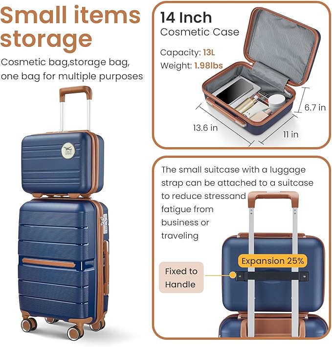 Campfun Luggage Sets 4 Piece, Expandable Carry On Luggage Set Hardshell PP, Suitcase Set with Double Spinner Wheels, Checked Durable Lightweight with TSA Lock, 14/20/24/28in, Blue Brown(A)