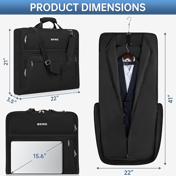 Garment Bags for Travel, 41'' Water-Resistant Carry On Garment Bag for Hanging Clothes, Large Suit Travel Bag Convertible Travel Garment Bag for Shirts, Dresses, Coats (Black)