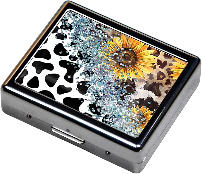 Silver Vintage Pill Box 7 Day Metal Pill Box with Mirror and 8 Compartments Cute Travel Pill Organizer for Purse (Cow Sunflower Leopard)