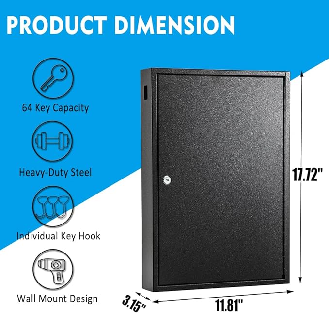 UMEKEN Key Box Wall Mount 64 Position Metal Valet Key Cabinet Lock Box with Key Tags, Key Holder Lockbox Key Organizer Safe Storage Locker Box, Black