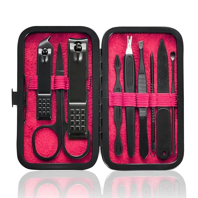 Manicure Set 9 in 1 Stainless Steel, Nail Clippers Scissors Pedicure Tools Kit - Portable Travel Grooming Kit for Men and Women with Leather Case (Red-BIG Nail Clipper)