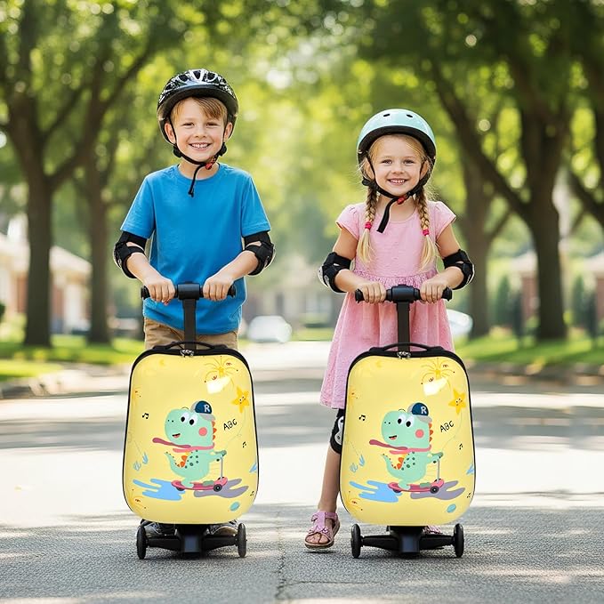 smilesun 4-in-1 Detachable Scooter Luggage for Kids & Teens – Hardside Ride-On Suitcase with Led Light Up Wheels, Dinosaur Design, Lightweight Foldable, Perfect Travel Gift for Boys(Yellow 22-inch)