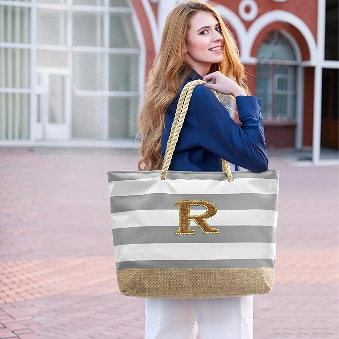 Becokan Beach Bag Initial Beach Tote with Makeup Bag for Travel Work Storage Personalized Birthday Gifts for Women Her