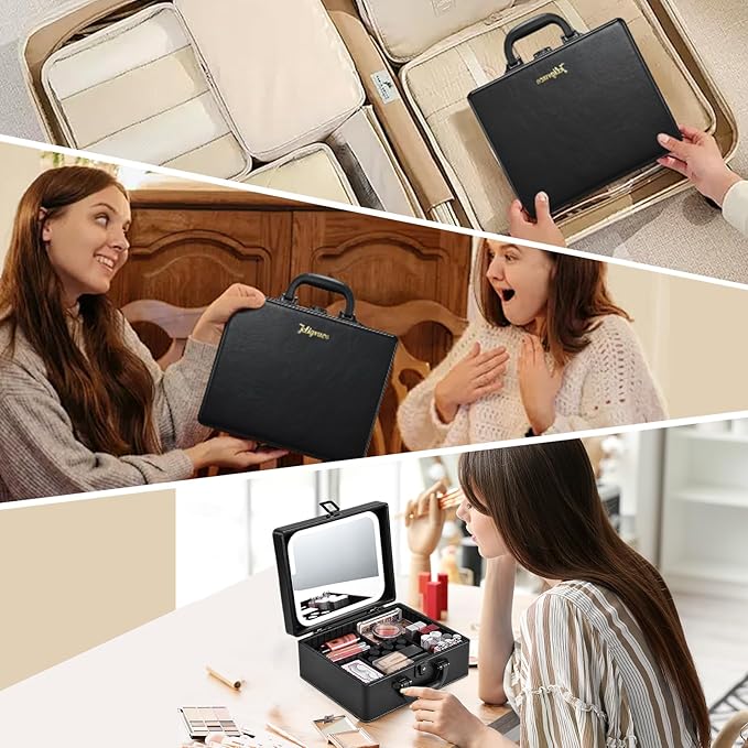 Joligrace Makeup Box with Detachable Lighted Mirror, Travel Train Case, Portable Makeup Case Cosmetic Organizer Vanity Cases for Women with Adjustable Dividers, Rechargeable Magnetic LED Mirror, Black