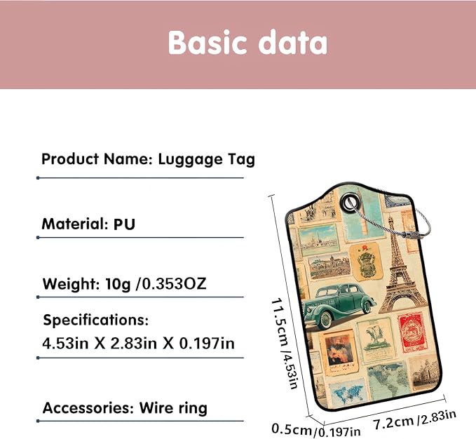 Luggage Tags for Suitcases, 2-Pack PU Leather for Cruise & Travel, Baggage ID Tags with Privacy Cover & Address Card, Durable Metal Ring, Kids Adults Travel Accessories, Vintage Travelogue