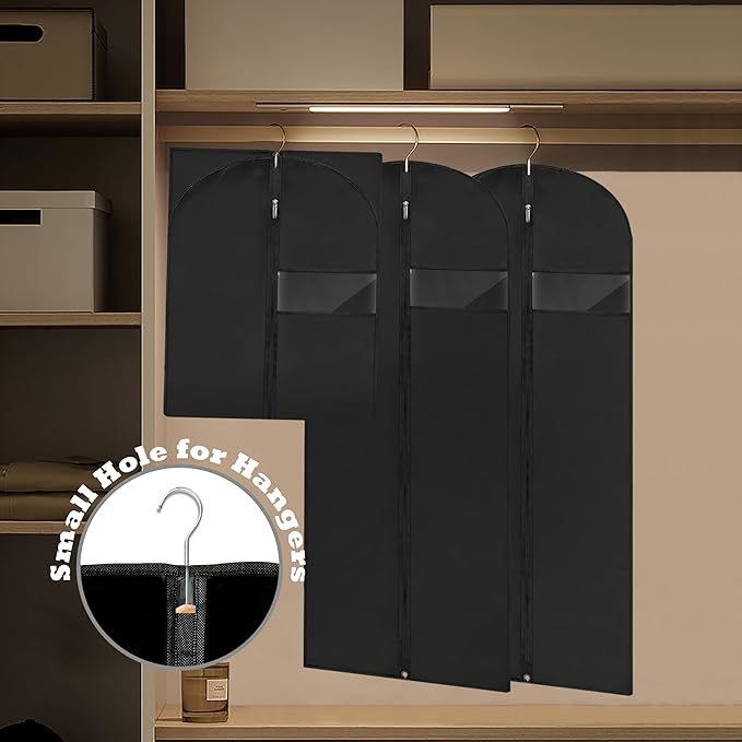 Dress Bags for Gowns Long, 60'' Garment Bags for Hanging Clothes, Suit Bag Cover for Storage and Travel (Black)